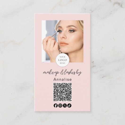 Blush Pink Script Logo QR Code Photo Lashes Makeup 名刺 (正面)