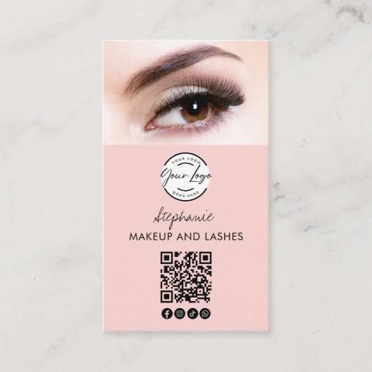 Blush Pink Script Logo QR Code Photo Lashes Studio 名刺 (正面)