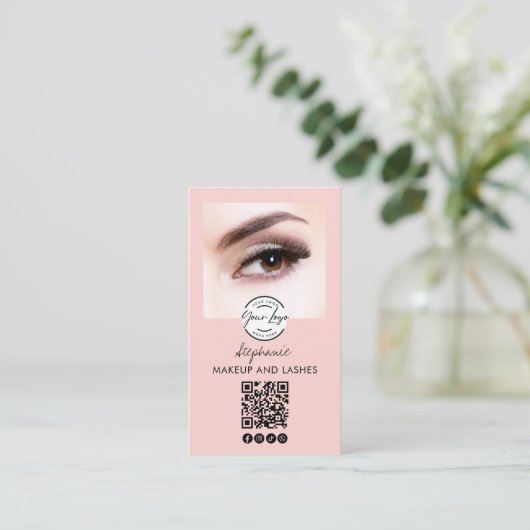 Blush Pink Script Logo QR Code Photo Lashes Studio 名刺 (スタンド正面)