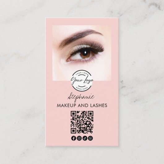 Blush Pink Script Logo QR Code Photo Lashes Studio 名刺 (正面)