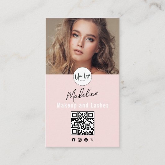 Blush Pink Script Logo QR Code Photo Lashes Studio 名刺 (正面)