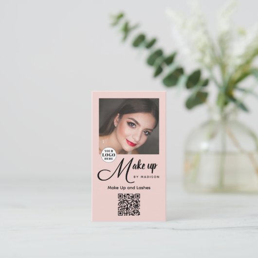 Blush Pink Script Logo QR Code Photo Makeup 名刺 (スタンド正面)