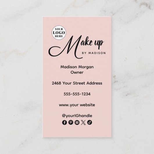 Blush Pink Script Logo QR Code Photo Makeup 名刺 (裏面)