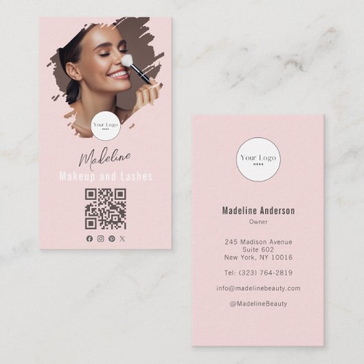 Blush Pink Script Logo QR Code Photo Makeup 名刺 (正面/裏面)