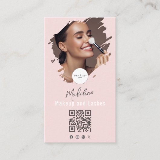 Blush Pink Script Logo QR Code Photo Makeup 名刺 (正面)