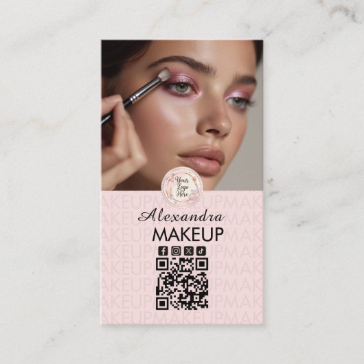 Blush Pink Script Logo QR Code Photo Makeup 名刺 (正面)