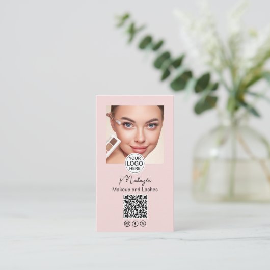 Blush Pink Script Logo QR Code Photo Makeup 名刺 (スタンド正面)