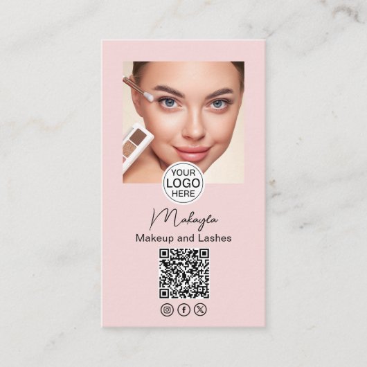 Blush Pink Script Logo QR Code Photo Makeup 名刺 (正面)