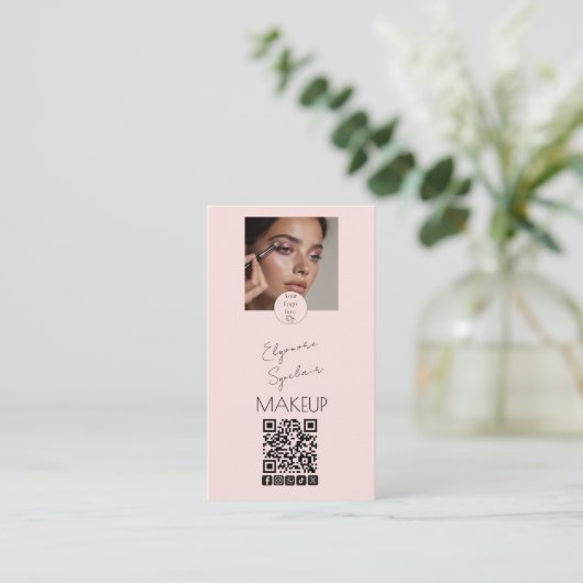 Blush Pink Script Logo QR Code Photo Makeup 名刺 (スタンド正面)