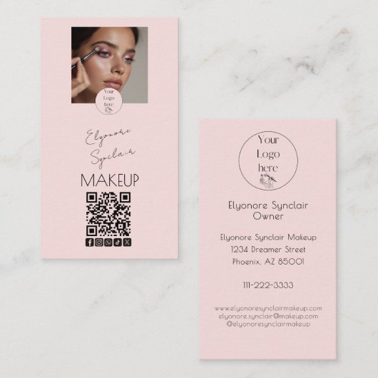 Blush Pink Script Logo QR Code Photo Makeup 名刺 (正面/裏面)