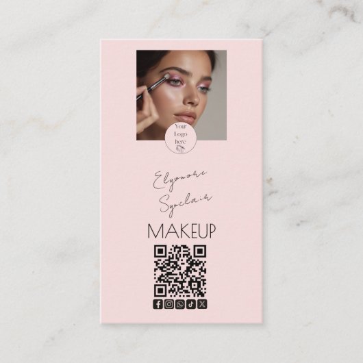 Blush Pink Script Logo QR Code Photo Makeup 名刺 (正面)