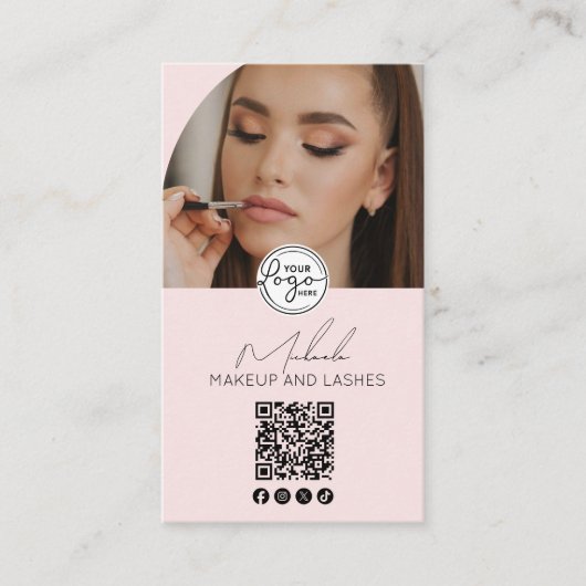 Blush Pink Script Logo QR Code Photo Makeup 名刺 (正面)