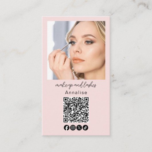 Blush Pink Script Logo QR Code Photo Makeup 名刺 (正面)