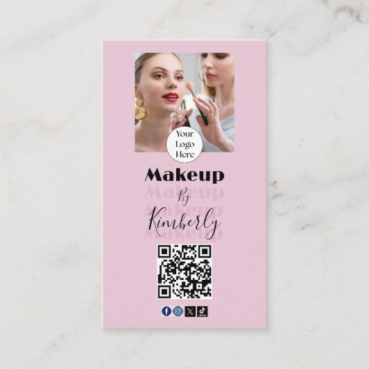 Blush Pink Script Logo QR Code Photo Makeup 名刺 (正面)