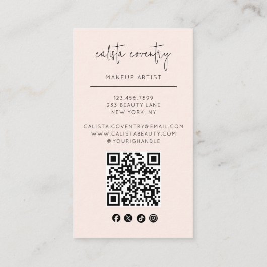 Blush Pink Script Logo QR Code Photo Makeup 名刺 (裏面)