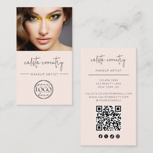 Blush Pink Script Logo QR Code Photo Makeup 名刺 (正面/裏面)