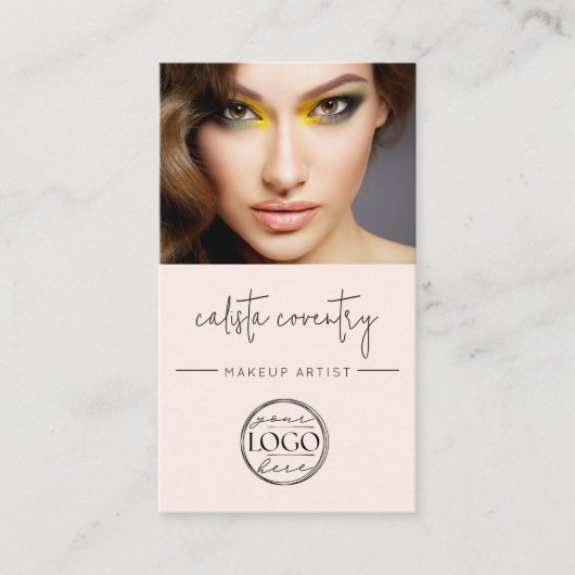 Blush Pink Script Logo QR Code Photo Makeup 名刺 (正面)