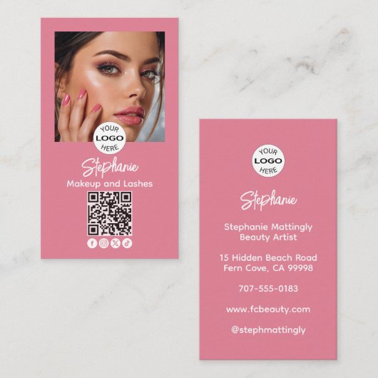 Blush Pink Script Logo QR Code Photo Makeup 名刺 (正面/裏面)