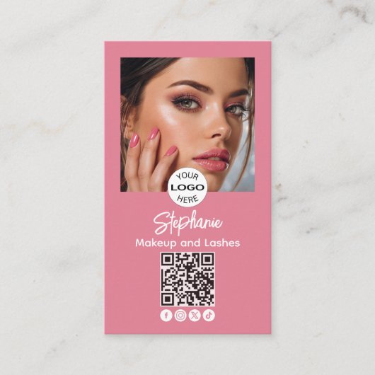 Blush Pink Script Logo QR Code Photo Makeup 名刺 (正面)