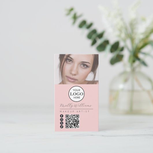 Blush Pink Script Logo QR Code Photo Makeup 名刺 (スタンド正面)