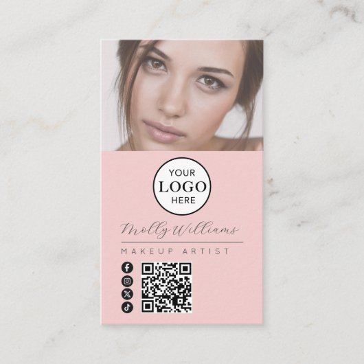 Blush Pink Script Logo QR Code Photo Makeup 名刺 (正面)