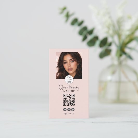 Blush Pink Script Logo QR Code Photo Makeup 名刺 (スタンド正面)