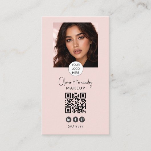 Blush Pink Script Logo QR Code Photo Makeup 名刺 (正面)