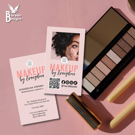 Blush Pink Script Logo QR Code Photo Makeup 名刺