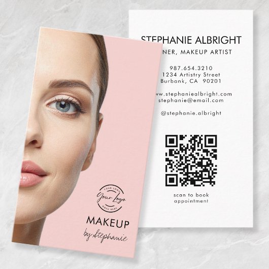Blush Pink Script Logo QR Code Photo Makeup 名刺