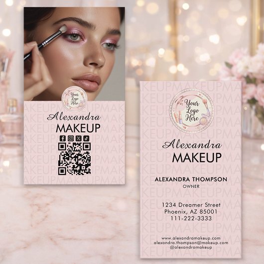 Blush Pink Script Logo QR Code Photo Makeup 名刺