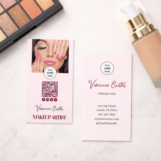 Blush Pink Script Logo QR Code Photo Makeup 名刺