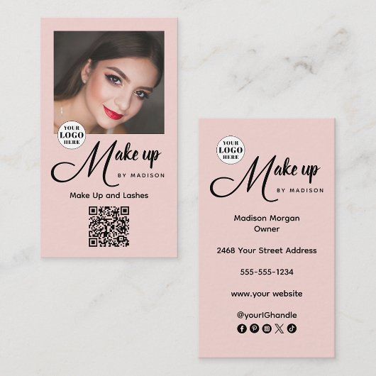 Blush Pink Script Logo QR Code Photo Makeup 名刺