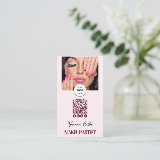 Blush Pink Script Logo QR Code Photo Makeup 名刺 (スタンド正面)