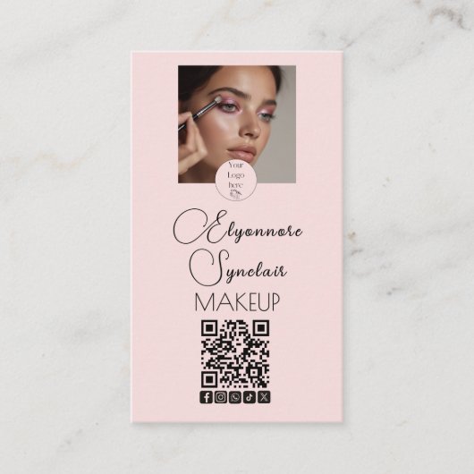 Blush Pink Script Logo QR Code Photo Makeup 名刺 (正面)