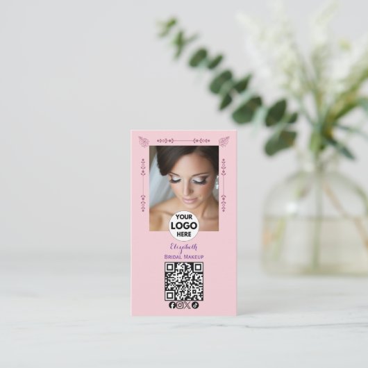 Blush Pink Script Logo QR Code Photo Makeup 名刺 (スタンド正面)