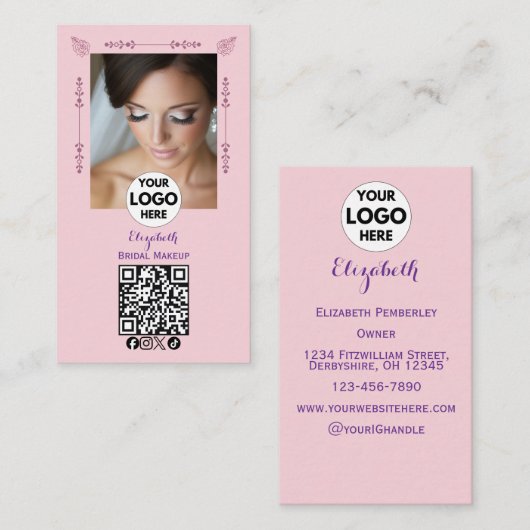 Blush Pink Script Logo QR Code Photo Makeup 名刺 (正面/裏面)