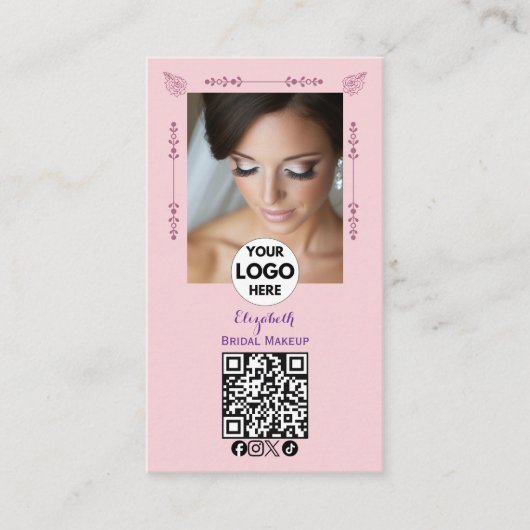 Blush Pink Script Logo QR Code Photo Makeup 名刺 (正面)
