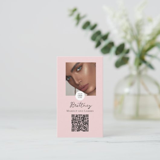 Blush Pink Script Logo QR Code Photo Makeup 名刺 (スタンド正面)