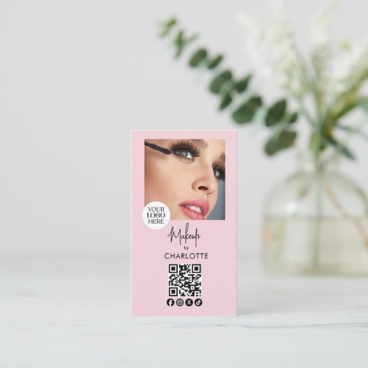 Blush Pink Script Logo QR Code Photo Makeup 名刺 (スタンド正面)