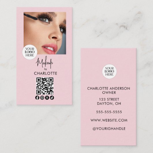 Blush Pink Script Logo QR Code Photo Makeup 名刺 (正面/裏面)