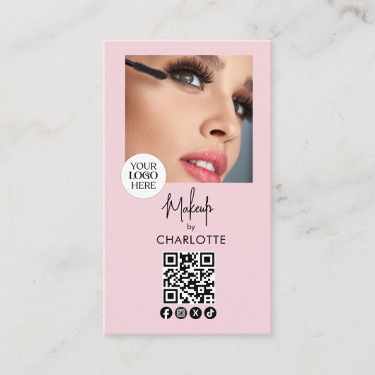 Blush Pink Script Logo QR Code Photo Makeup 名刺 (正面)
