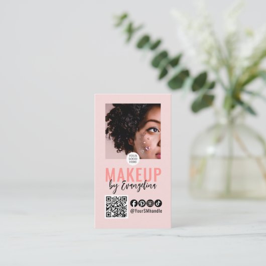 Blush Pink Script Logo QR Code Photo Makeup 名刺 (スタンド正面)