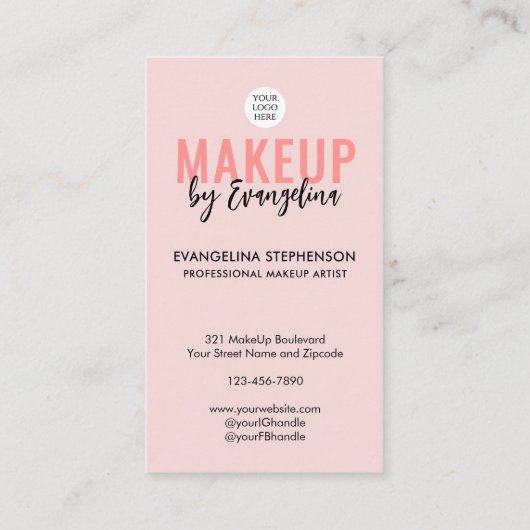 Blush Pink Script Logo QR Code Photo Makeup 名刺 (裏面)