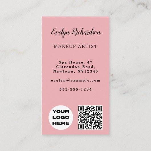 Blush Pink Script Logo QR Code Photo Makeup 名刺 (裏面)