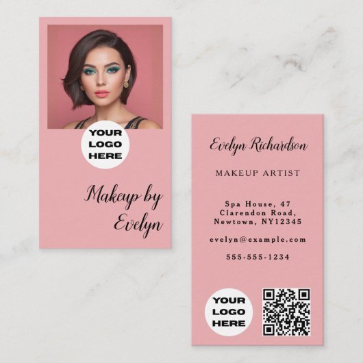 Blush Pink Script Logo QR Code Photo Makeup 名刺 (正面/裏面)