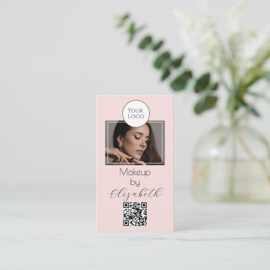 Blush Pink Script Logo QR Code Photo Makeup 名刺 (スタンド正面)