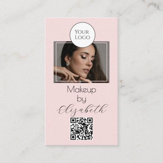 Blush Pink Script Logo QR Code Photo Makeup 名刺 (正面)