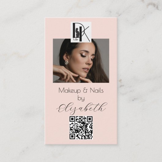 Blush Pink Script Logo QR Code Photo Makeup 名刺 (正面)