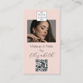 Blush Pink Script Logo QR Code Photo Makeup Busin 名刺