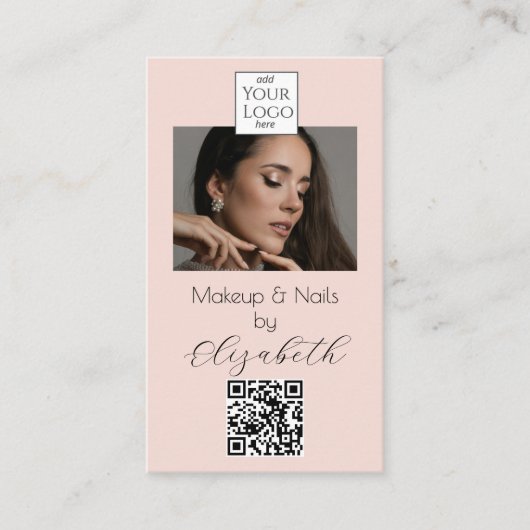 Blush Pink Script Logo QR Code Photo Makeup  Busin 名刺 (正面)